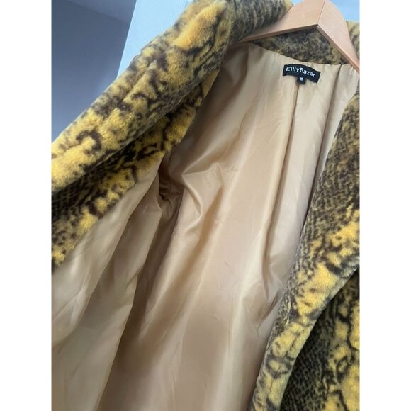 Eilly Bazar Faux Fur Coat M Yellow Brown Snake Print Plush Jacket Y2K Statement - Picture 4 of 6